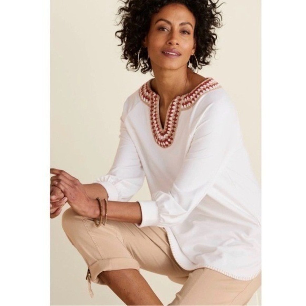Soft Surroundings Cream Crochet Neckline Sarita 3/4 Sleeve Tunic Top Women's S